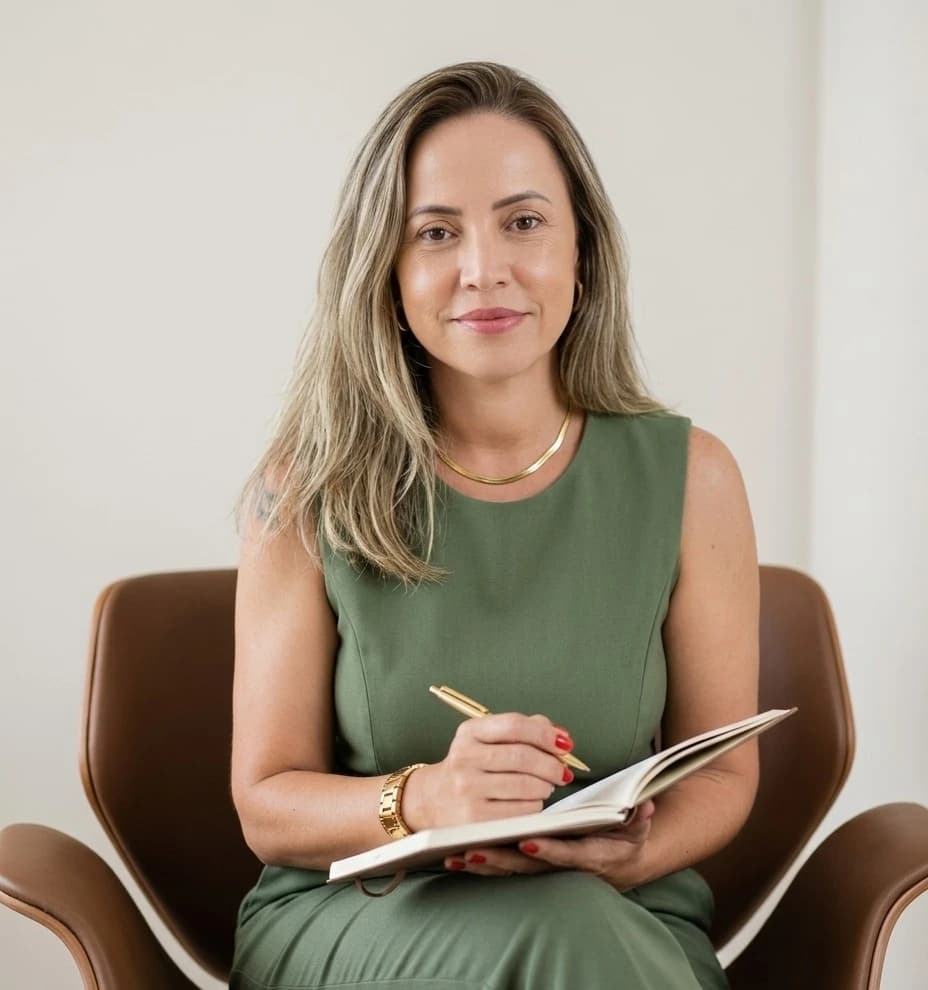 Camila Araújo de vestido verde, sentada em uma poltrona, com caderno e caneta