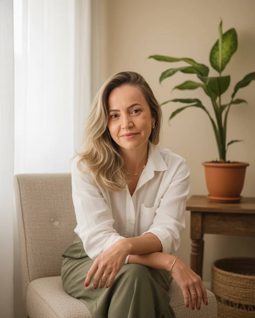 Camila Araújo sentada ao lado de uma planta, em um ambiente claro e acolhedor