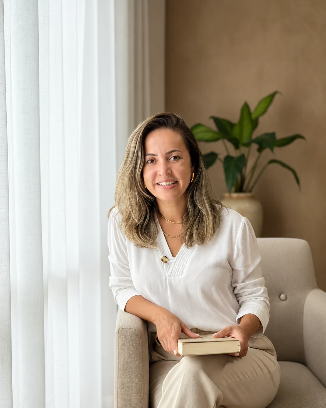 Camila Araújo, psicóloga, sentada em uma poltrona clara com um livro nas mãos